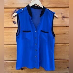 Mine Sheer V Neck Navy Black Button Down Blouse Size M Sleeveless